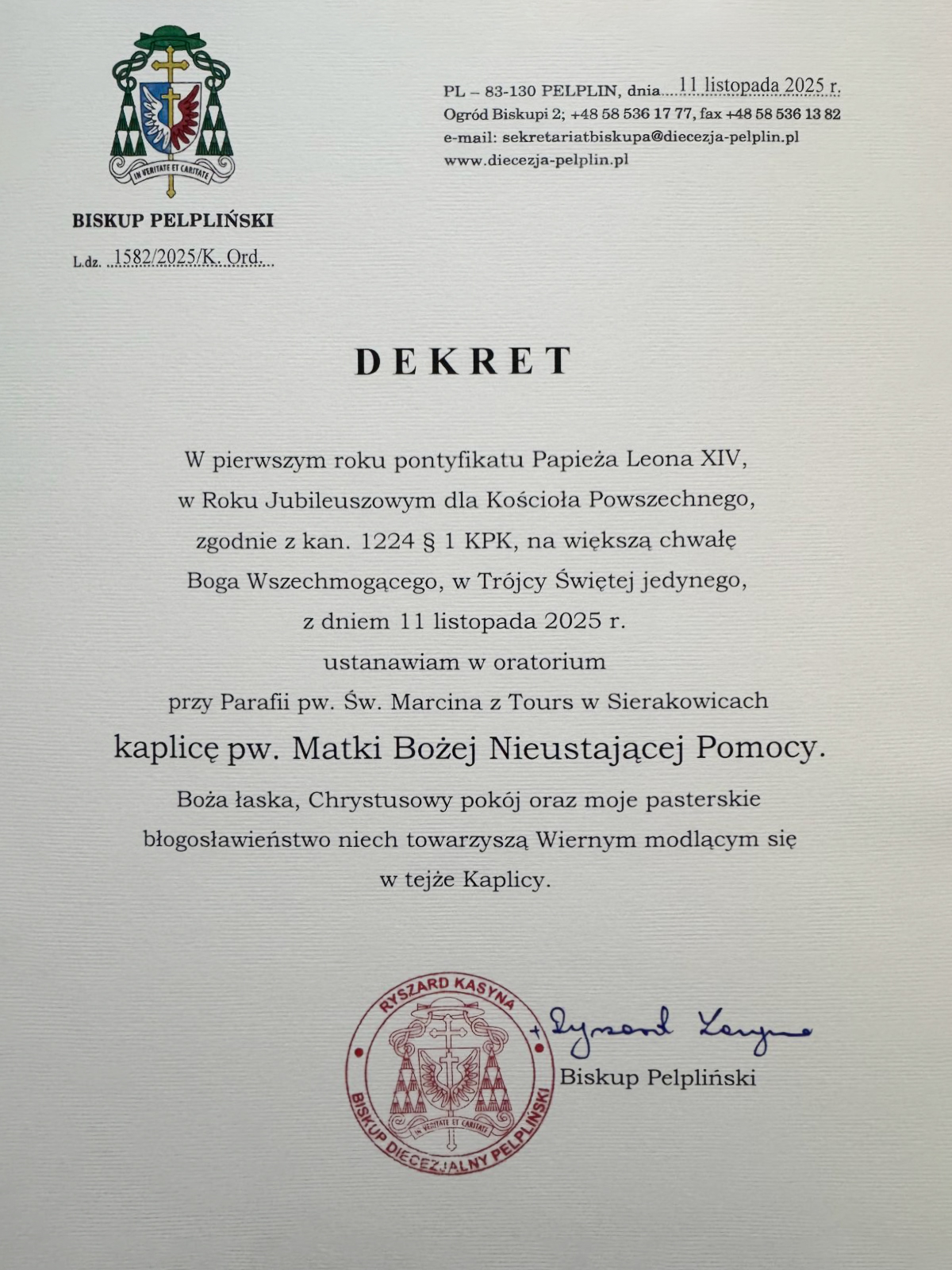 Dekret Biskupa o ustanowieniu oratorium kaplicą pw. Matki Bożej Nieustającej Pomocy.